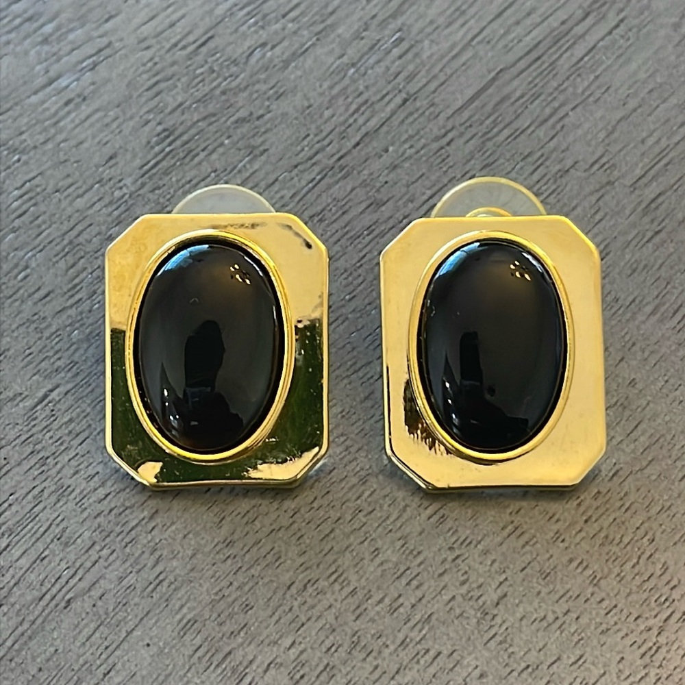 Black Cabochon Gold Tone Statement Stud Earrings Art Deco Retro